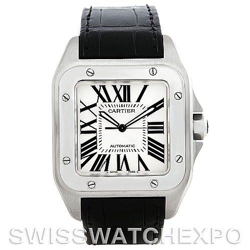 The image shows a Cartier Santos W20073X8 Men's Stainless Steel Silver Dial W20073X8 Men's Stainless Steel Silver Dial model watch from a front view, highlighting its face, bezel, and black leather strap.