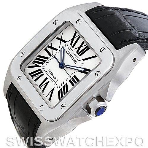 The image shows a Cartier Santos W20073X8 Men's Stainless Steel Silver Dial W20073X8 Men's Stainless Steel Silver Dial watch from an angled side view, highlighting its rectangular dial, crown, and leather strap.