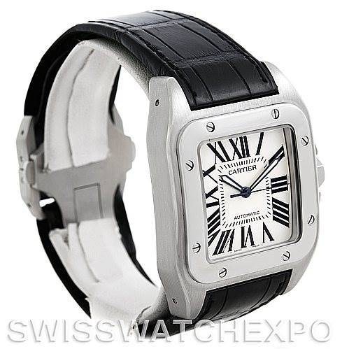 The image shows a Cartier Santos W20073X8 Men's Stainless Steel Silver Dial W20073X8 Men's Stainless Steel Silver Dial model watch at a three-quarter angle, highlighting its bezel, dial, and black leather strap.