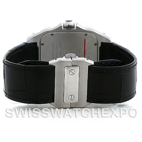 The image shows the back view of a Cartier Santos W20073X8 Men's Stainless Steel Silver Dial W20073X8 Men's Stainless Steel Silver Dial watch, focusing on its clasp and partially visible case back.