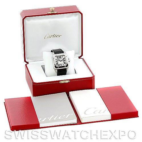 The image shows a Cartier Santos W20073X8 Men's Stainless Steel Silver Dial W20073X8 Men's Stainless Steel Silver Dial watch from the front, displayed in a red box with accompanying booklets.