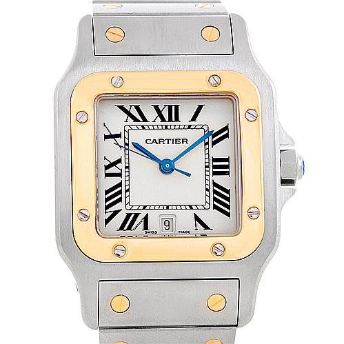 This image shows a frontal view of the Cartier Santos W20011C4 Men
s Stainless Steel Silver Dial W20011C4 Men
s Stainless Steel Silver Dial watch, highlighting its dial, bezel, crown, and part of the bracelet.