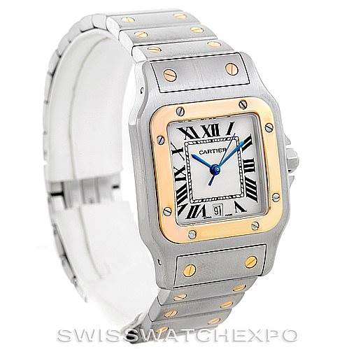 The Cartier Santos W20011C4 Men
s Stainless Steel Silver Dial W20011C4 Men
s Stainless Steel Silver Dial watch is shown from an angled top view highlighting the face, bezel, and bracelet.