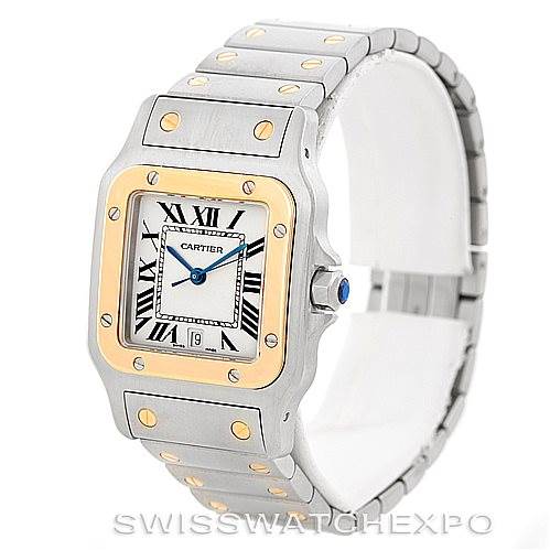 This Cartier Santos W20011C4 Men
s Stainless Steel Silver Dial W20011C4 Men
s Stainless Steel Silver Dial watch is angled to show the full face, bracelet, bezel, and side profile of the case.