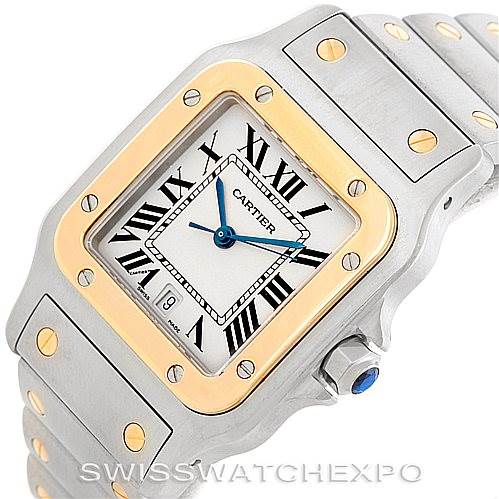 This image shows a Cartier Santos W20011C4 Men
s Stainless Steel Silver Dial W20011C4 Men
s Stainless Steel Silver Dial model watch from a front angle, highlighting the face, bezel, and bracelet.