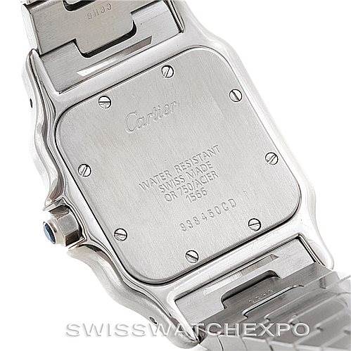 The image shows the case back and part of the bracelet of a Santos model by Cartier.