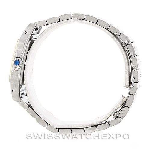The image shows a side view of the Cartier Santos W20011C4 Men
s Stainless Steel Silver Dial W20011C4 Men
s Stainless Steel Silver Dial watch, highlighting the bracelet, case, and crown.