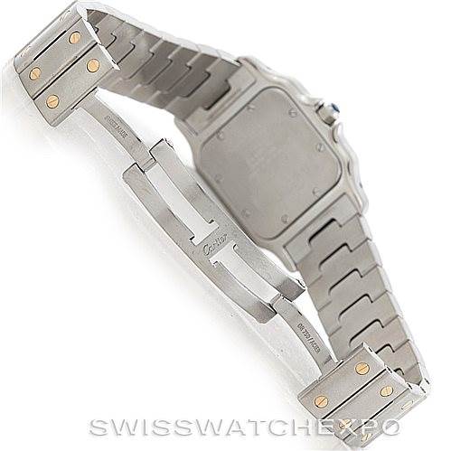 The image shows the back and open clasp of a Cartier Santos W20011C4 Men
s Stainless Steel Silver Dial W20011C4 Men
s Stainless Steel Silver Dial model watch, highlighting the bracelet and deployment clasp.