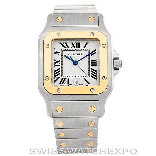 This image shows a front view of a Cartier Santos W20011C4 Men
s Stainless Steel Silver Dial W20011C4 Men
s Stainless Steel Silver Dial watch, highlighting its square dial, Roman numerals, and distinctive screw details.