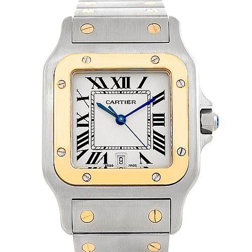This image shows a front view of the Cartier Santos W20011C4 Men
s Stainless Steel Silver Dial W20011C4 Men
s Stainless Steel Silver Dial watch, highlighting its face, bezel, hands, and part of the bracelet.