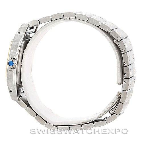The image shows a side view of a Santos model by Cartier, highlighting its metal bracelet and crown with a blue gemstone.