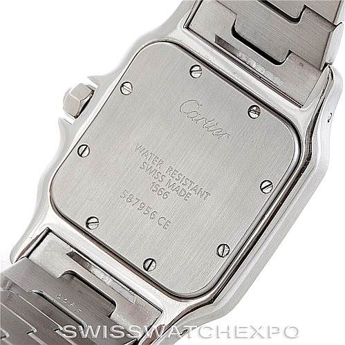 This image shows the back case and part of the bracelet of a Cartier Santos W20011C4 Men
s Stainless Steel Silver Dial W20011C4 Men
s Stainless Steel Silver Dial watch.