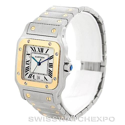 The image shows a Cartier Santos W20011C4 Men
s Stainless Steel Silver Dial W20011C4 Men
s Stainless Steel Silver Dial watch, featuring its face, bezel, bracelet, and clasp from a front-side angle.