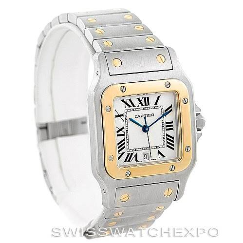 The image shows a Cartier Santos W20011C4 Men
s Stainless Steel Silver Dial W20011C4 Men
s Stainless Steel Silver Dial watch angled to display the face, bezel, and part of the metal bracelet.