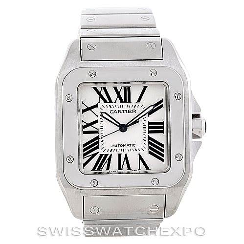 This image shows a front view of a Cartier Santos W200737G Men's Stainless Steel Silver Dial W200737G Men's Stainless Steel Silver Dial watch, highlighting its dial, case, and part of the bracelet.