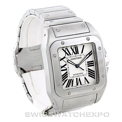 The image shows a Cartier Santos W200737G Men's Stainless Steel Silver Dial W200737G Men's Stainless Steel Silver Dial watch from an angled front view, highlighting its face, bezel, and part of the metal bracelet.