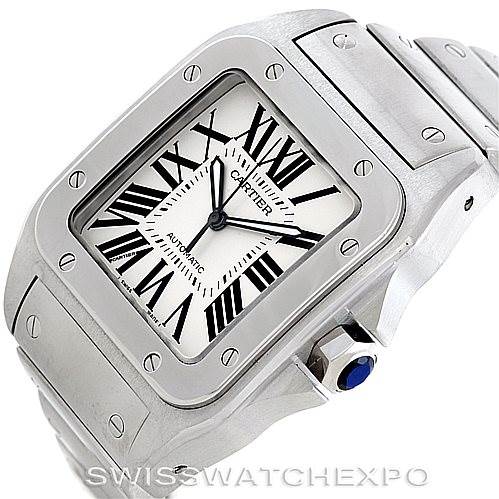 This image shows a Santos model by Cartier from an angled perspective, highlighting the face, bezel, crown, and strap.