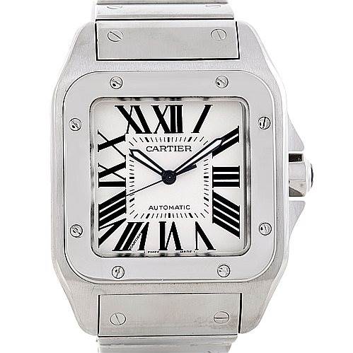 The image shows a front view of a Cartier Santos W200737G Men's Stainless Steel Silver Dial W200737G Men's Stainless Steel Silver Dial watch, highlighting the face, bezel, and part of the bracelet.