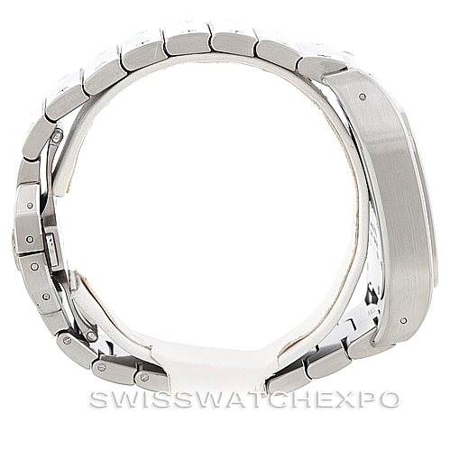 The image shows a side view of the Santos model by Cartier, highlighting the bracelet and case.