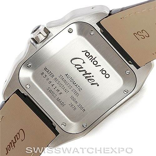 The image shows the caseback of a Cartier Santos W20106X8 Men
s Stainless Steel Silver Dial W20106X8 Men
s Stainless Steel Silver Dial watch, detailing the model name, material, water resistance, and other specifications.
