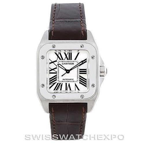 The image shows a front view of a Cartier Santos W20106X8 Men
s Stainless Steel Silver Dial W20106X8 Men
s Stainless Steel Silver Dial watch, displaying the dial with Roman numerals and a leather strap.