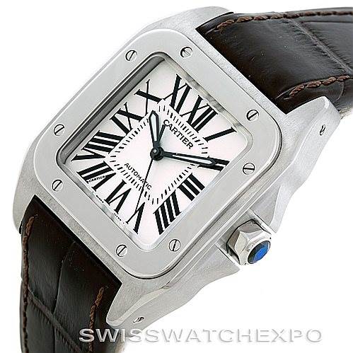 The image shows a close-up angle of the Santos model by Cartier, highlighting the watch face, bezel, and part of the leather strap.