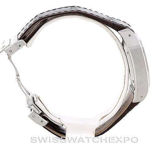 The image displays the side profile of the Santos model by Cartier, showing the case and part of the strap.