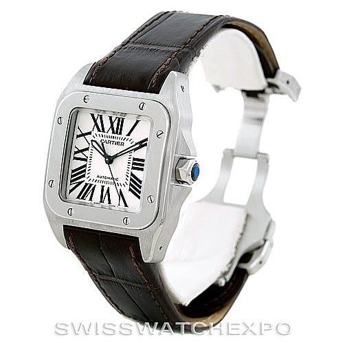 The Cartier Santos W20106X8 Men
s Stainless Steel Silver Dial W20106X8 Men
s Stainless Steel Silver Dial watch is shown at a three-quarter angle, highlighting its face, bezel, and leather strap.