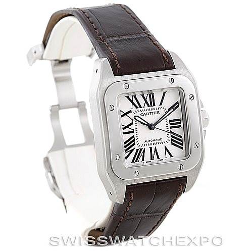 The image shows a Santos model watch by Cartier, angled to display the face, bezel, and part of the leather strap.