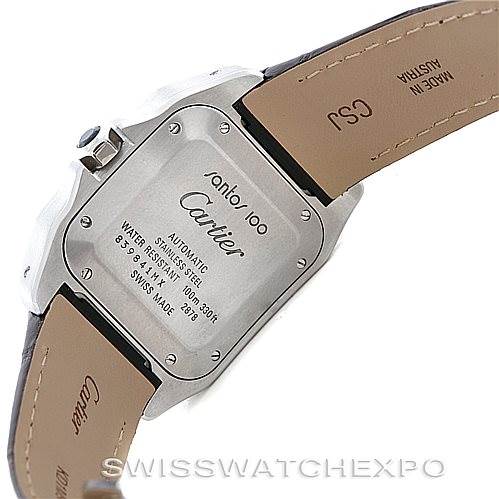 This image shows the back case and leather strap of a Cartier Santos W20106X8 Men
s Stainless Steel Silver Dial W20106X8 Men
s Stainless Steel Silver Dial watch, highlighting its inscriptions and details.