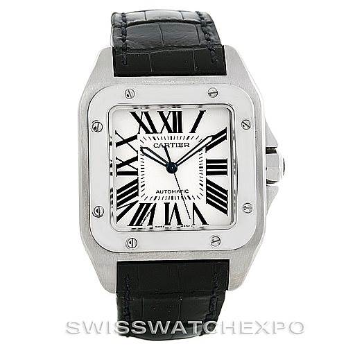 This image shows a full frontal view of a Cartier Santos W20073X8 Stainless Steel Silver Dial W20073X8 Stainless Steel Silver Dial watch with a black leather strap and a rectangular dial.