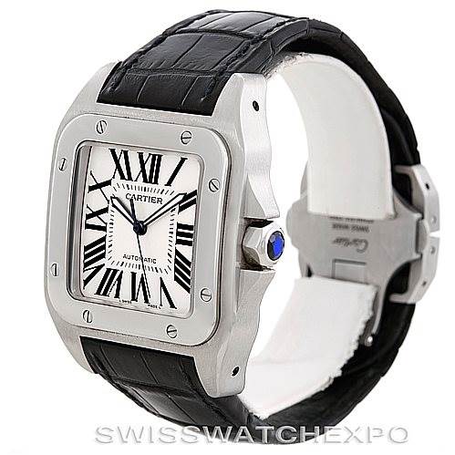 This image showcases a Cartier Santos W20073X8 Stainless Steel Silver Dial W20073X8 Stainless Steel Silver Dial watch from an angled side view, highlighting the watch face, bezel, case, and leather strap.