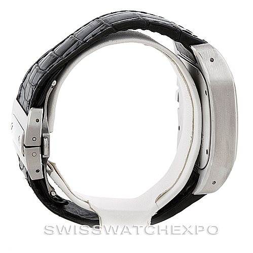 A side view of a Cartier Santos W20073X8 Stainless Steel Silver Dial W20073X8 Stainless Steel Silver Dial watch, showcasing the black leather strap and the right side of the case.