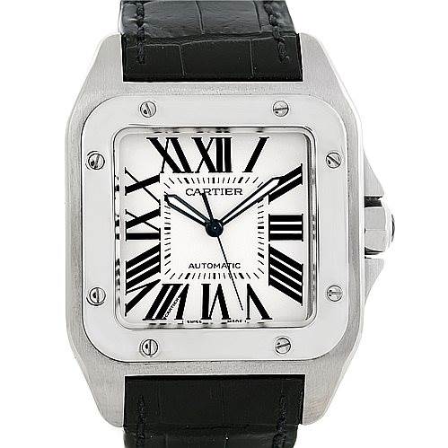 The image shows a front view of a Cartier Santos W20073X8 Stainless Steel Silver Dial W20073X8 Stainless Steel Silver Dial watch, highlighting its square face, black strap, and silver bezel with Roman numeral markers.
