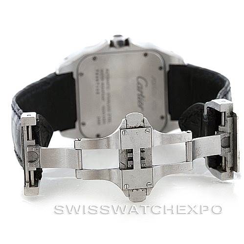 This image shows the backside and clasp of a Cartier Santos W20073X8 Stainless Steel Silver Dial W20073X8 Stainless Steel Silver Dial watch, focusing on the deployment buckle and strap connection.