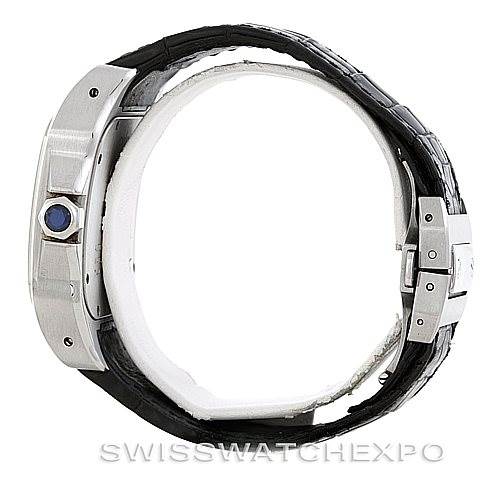 This image shows a Cartier Santos W20073X8 Stainless Steel Silver Dial W20073X8 Stainless Steel Silver Dial watch viewed from the side, highlighting the crown and part of the strap.