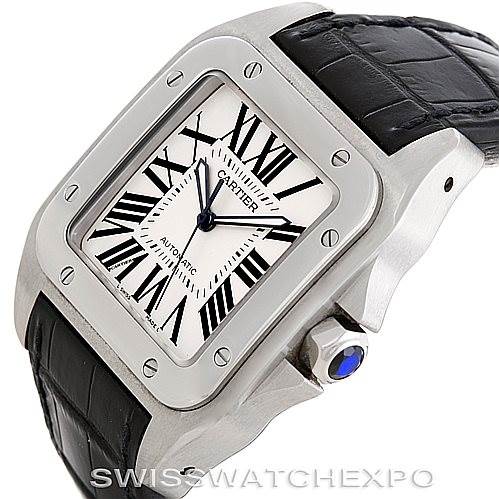 This is a side angle view of a Cartier Santos W20073X8 Stainless Steel Silver Dial W20073X8 Stainless Steel Silver Dial watch, showing the face, bezel, crown, and leather strap.