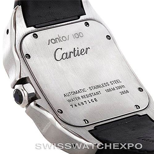 This image shows the back case of a Cartier Santos W20073X8 Stainless Steel Silver Dial W20073X8 Stainless Steel Silver Dial watch, highlighting its engraving and stainless steel construction from an angled side view.