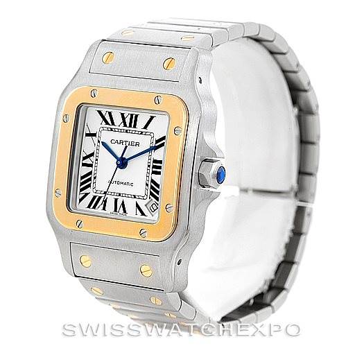 The image shows a Cartier Santos W20099C4 Men
s Stainless Steel Silver Dial W20099C4 Men
s Stainless Steel Silver Dial watch from a front angle, displaying the face, bezel, crown, and bracelet.