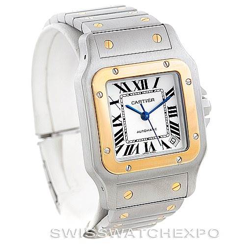 The image shows a Cartier Santos W20099C4 Men
s Stainless Steel Silver Dial W20099C4 Men
s Stainless Steel Silver Dial watch from an angled front view, highlighting its square face, bezel, and bracelet.
