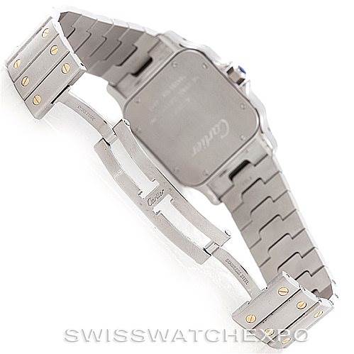 The image shows the back view of a Cartier Santos W20099C4 Men
s Stainless Steel Silver Dial W20099C4 Men
s Stainless Steel Silver Dial watch, highlighting its case back and bracelet with a deployment clasp.
