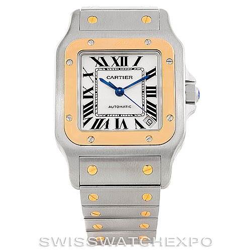 The image shows a front view of a Cartier Santos W20099C4 Men
s Stainless Steel Silver Dial W20099C4 Men
s Stainless Steel Silver Dial model watch, highlighting the square bezel, Roman numeral dial, and metal bracelet.
