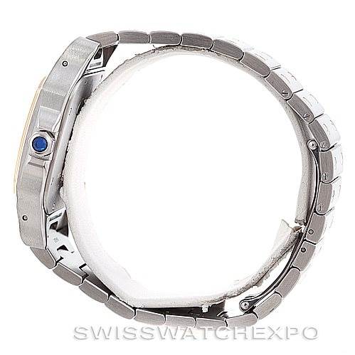 The image shows a side view of the Santos model by Cartier, highlighting its case, crown, and bracelet.