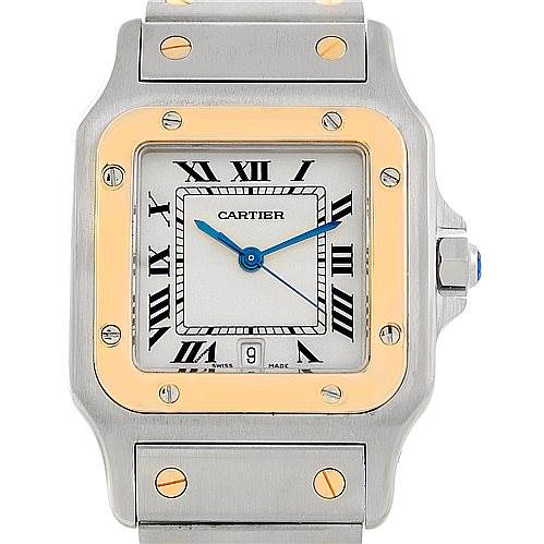 The image shows a frontal view of the Cartier Santos W20011C4 Men
s Stainless Steel Silver Dial W20011C4 Men
s Stainless Steel Silver Dial watch, highlighting its dial, bezel, crown, and part of the bracelet.