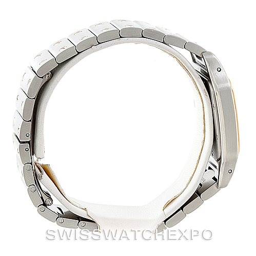 The image shows a side profile view of a Santos model by Cartier, highlighting its bracelet and case.