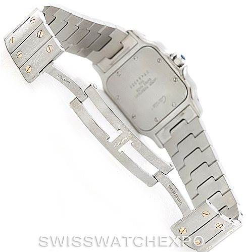 The image shows the backside of the Santos model by Cartier, focusing on the clasp and bracelet.