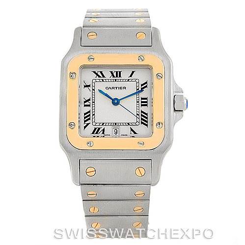 This image shows a front view of the Cartier Santos W20011C4 Men
s Stainless Steel Silver Dial W20011C4 Men
s Stainless Steel Silver Dial model watch, highlighting its square face, metal bracelet, and gold accent screws.