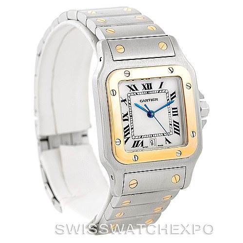 This image displays a Cartier Santos W20011C4 Men
s Stainless Steel Silver Dial W20011C4 Men
s Stainless Steel Silver Dial watch at a slight angle, showcasing its face and stainless steel bracelet.