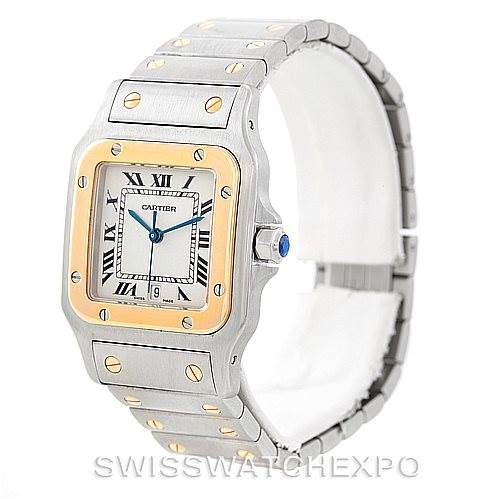 The image displays a Santos by Cartier watch shown from an angled side view, highlighting the rectangular face, bracelet, and crown.