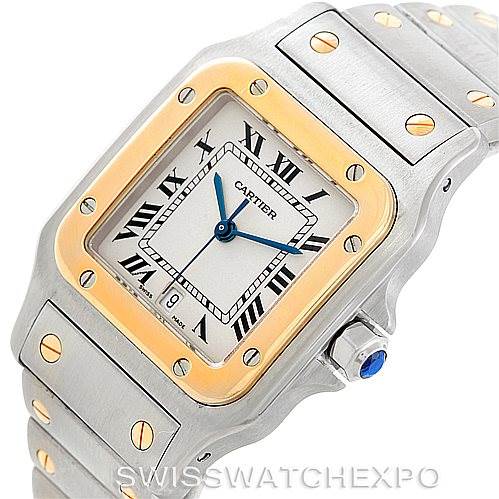 This image shows a Cartier Santos W20011C4 Men
s Stainless Steel Silver Dial W20011C4 Men
s Stainless Steel Silver Dial watch at a three-quarter angle, highlighting the face, bezel, crown, and part of the bracelet.